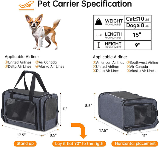 Cat Carrier Pet Travel Carrier by Airplane Approved Under seat, TSA Airline Approved Soft-Sided Dogs Carrier Bag for cat,Dogs,17.5 x 8.5 x 11 inches,Grey
