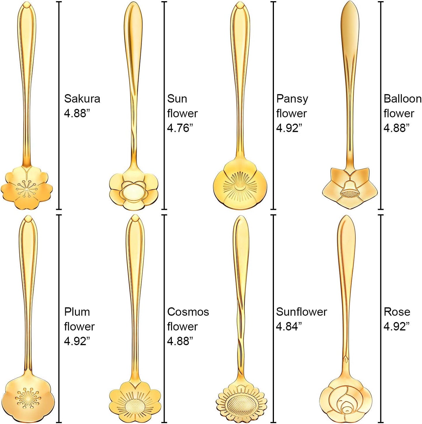 Chengu 8 Pieces Flower Coffee Tea Spoons Stainless Steel Sugar Spoons Tea Party Flower Fancy Tableware Set Stir Bar Creative Stirring Teaspoon, 8 Different Patterns(Gold)