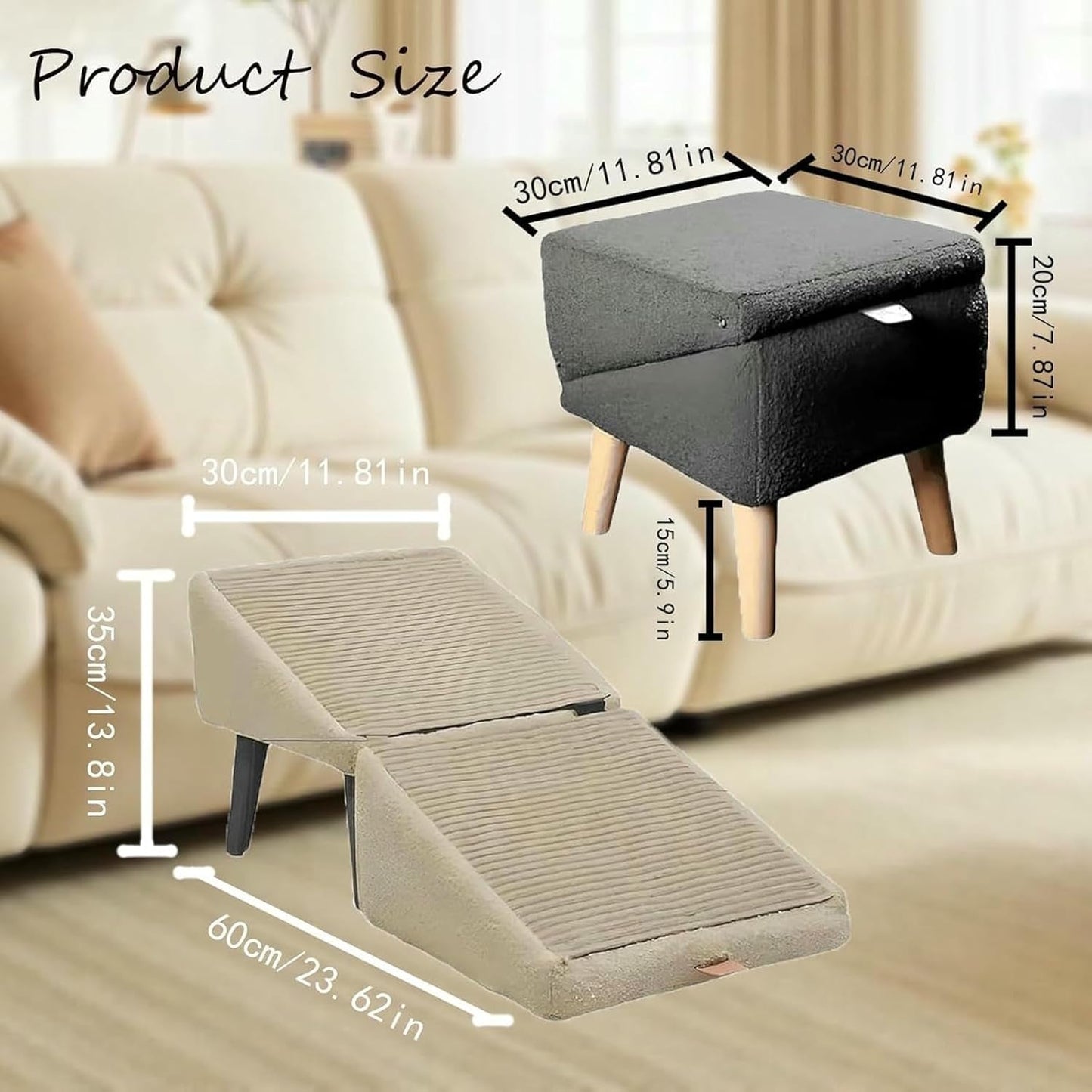 Split Ottoman Dog Ramp, 2-in-1 Convertible Wooden Home Step Stool Dog Ramp Stairs, Suitable for Small, Medium-Sized Dogs and Cats, Soft Non-Slip Surface, Portable Pet Ladder