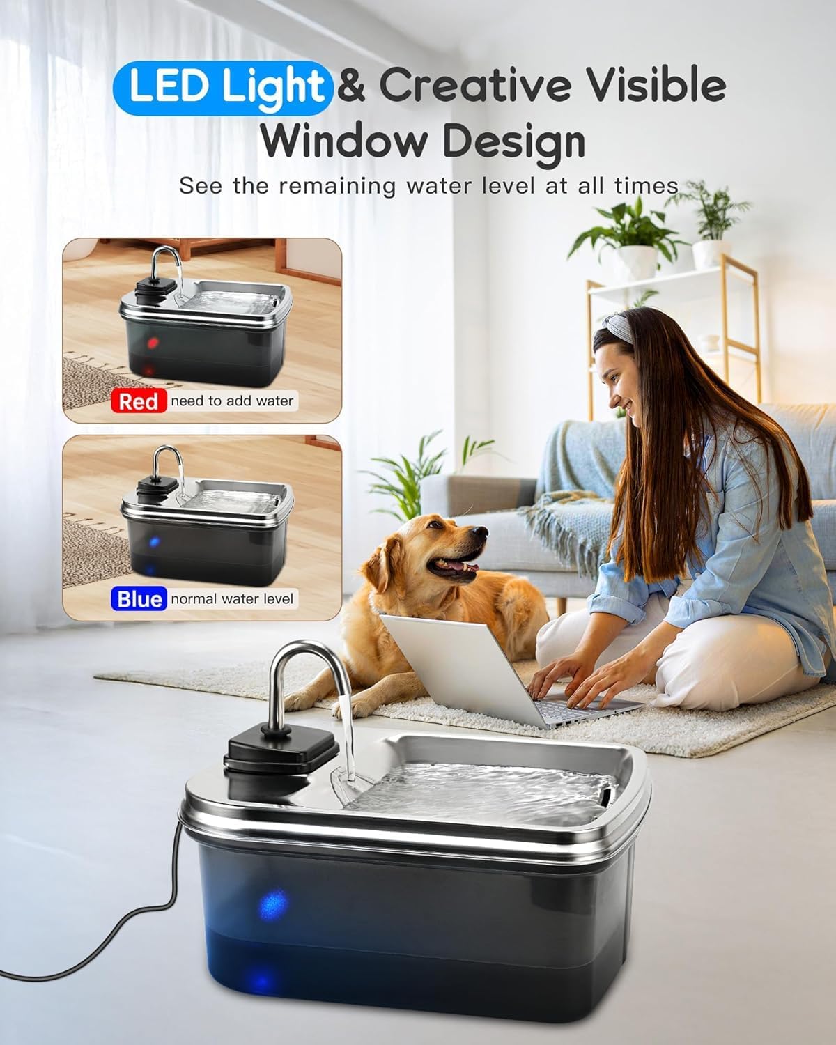 Stainless Steel Pet Fountain with Charcoal Filter, Includes Bone Treats, 16 x 10 x 10 in