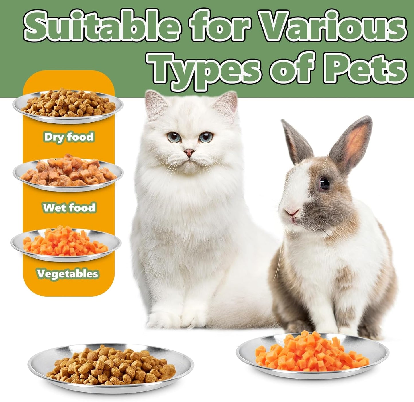 4-Pack Stainless Steel Cat Food Bowls, Shallow Whisker-Friendly Non-Slip Silicone Base Metal Dishes, Easy to Clean Indoor Feeding Flat Plates for Cat, Kitten, Small Dog (6.7")