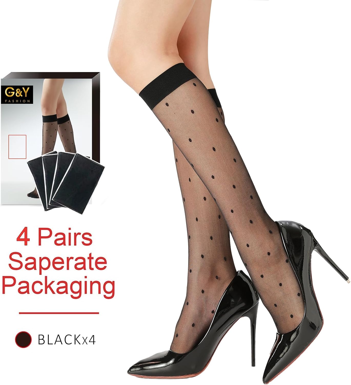 G&Y 4 Pairs Pattern Knee High Pantyhose with Reinforced Toe - 30D Nylon Stockings for Women Dot Heart Lip Patterned