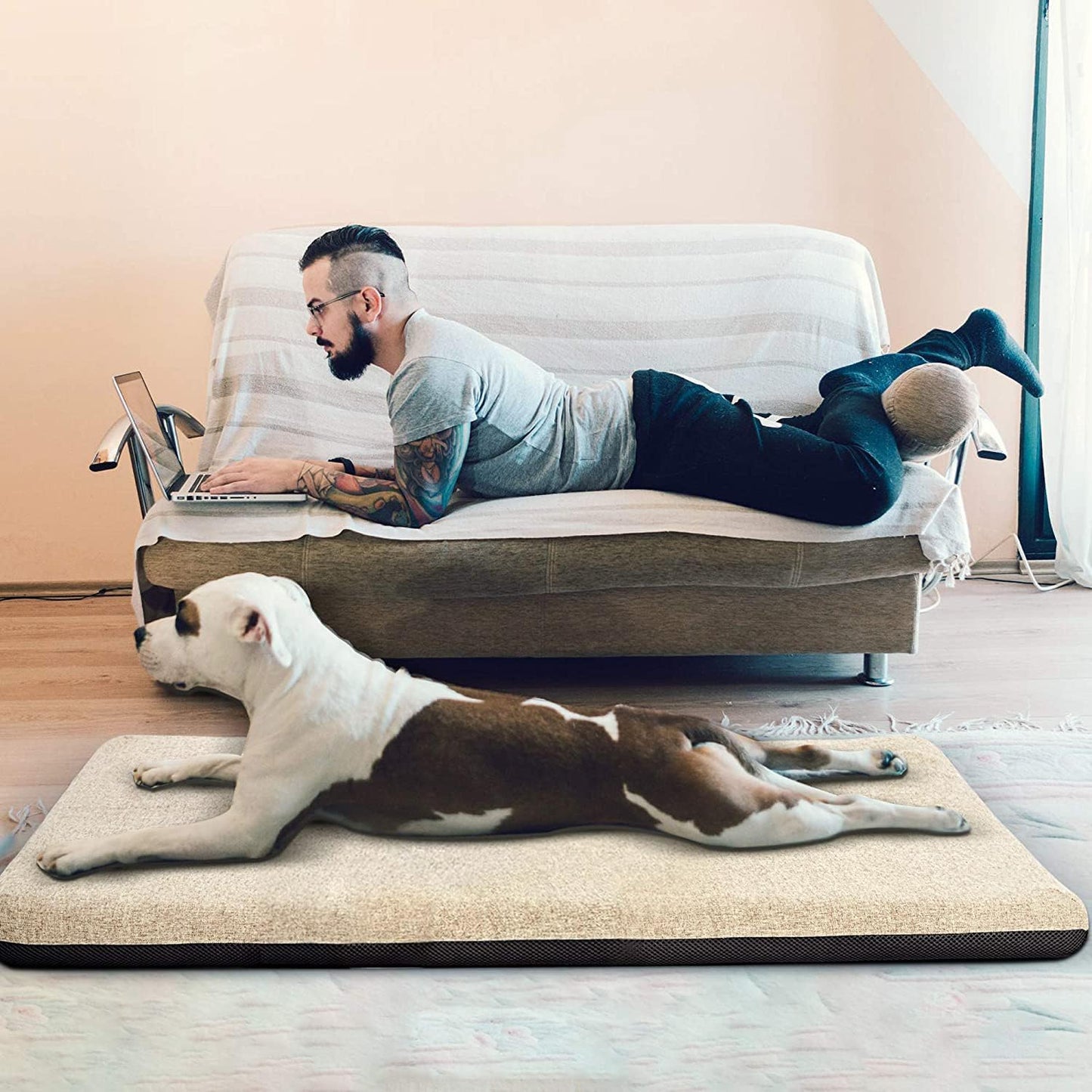 Panku Orthopedic Dog Beds for Median Dogs, Dog Pad for Crate with Durable Washable Waterproof Linen Removable Cover, Cream White