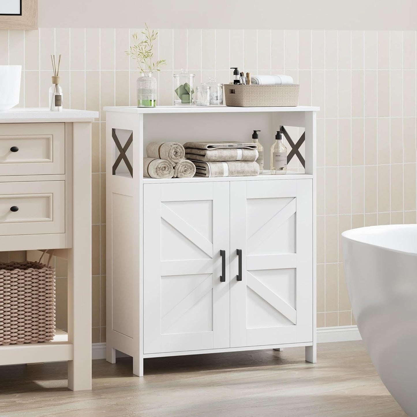Homhedy Farmhouse Bathroom Storage Cabinet with 2 Doors, Toilet Paper Cabinet with Adjustable Shelves, Small Bathroom Cabinet for Kitchen/Laundry/Living Room, 11.8 x 23.6 x 31.5 Inches, White