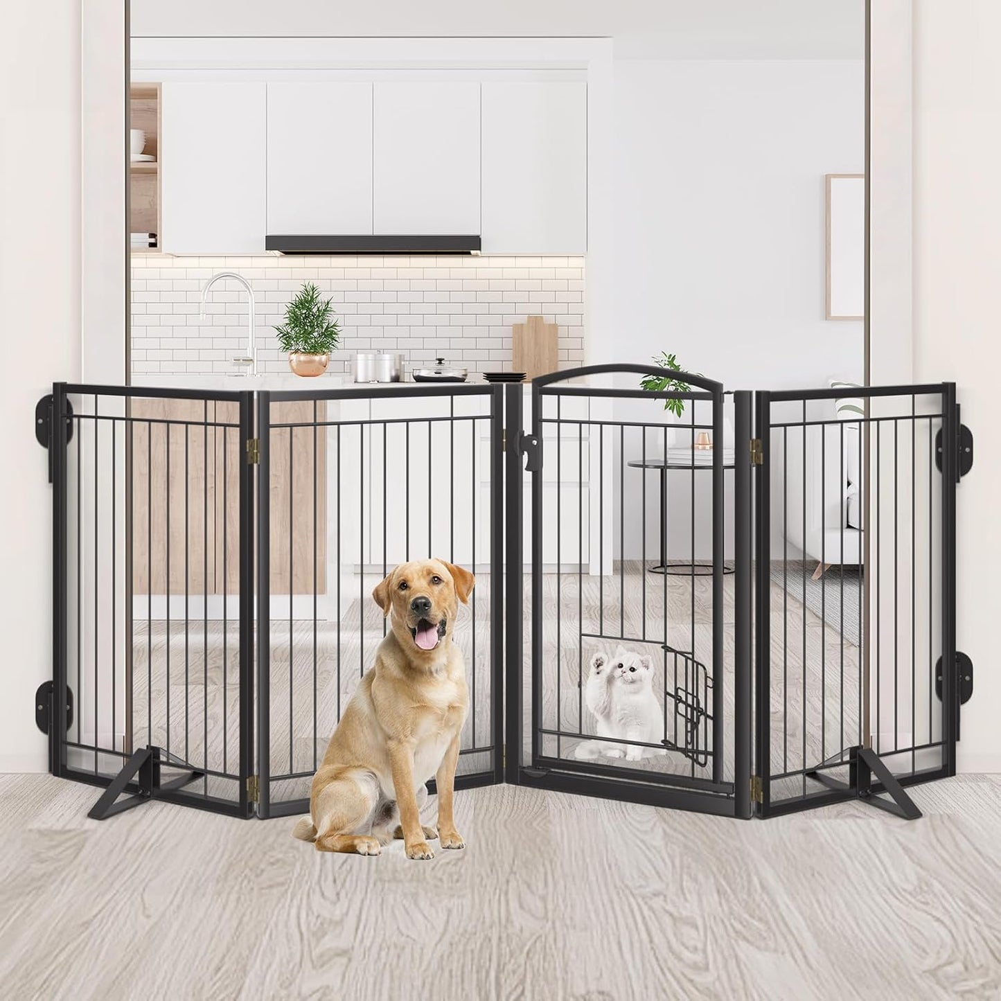Metal Free Standing Dog Gate with Cat Door for Indoor/Outdoor,160" Extra Wide Foldable Pet Gate,32" Tall Foldable Indoor Dog Fence for Large Openings Stairs,Deck,Yard,Doorways(8 Panels,Black)
