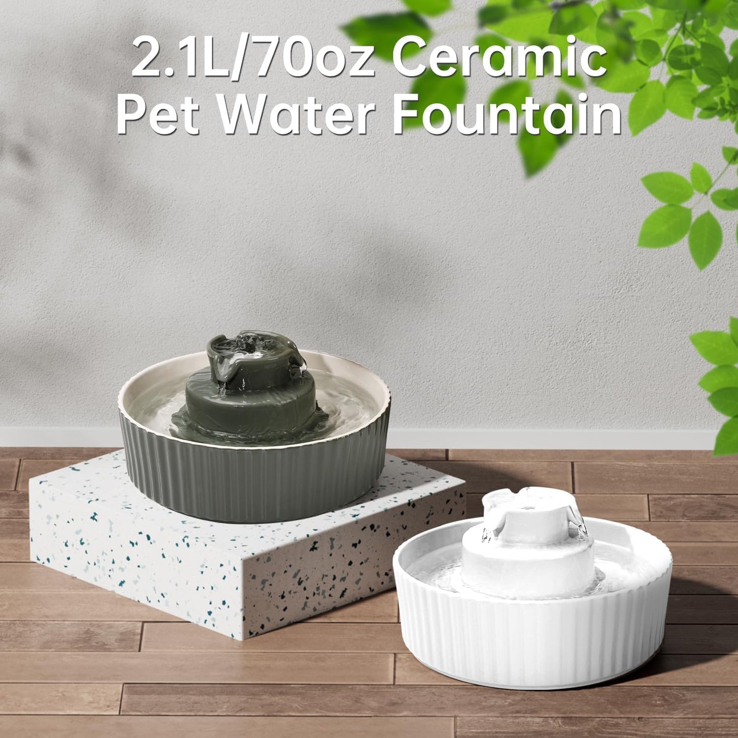 Ceramic Cat Water Fountain, 2.1L/70oz Ceramic Pet Water Fountain Automatic Cat Drinking Fountains Pet Water Bowl, Porcelain Cat Water Dispenser with Ultra-Quiet Pump for Cats and Dogs (White)