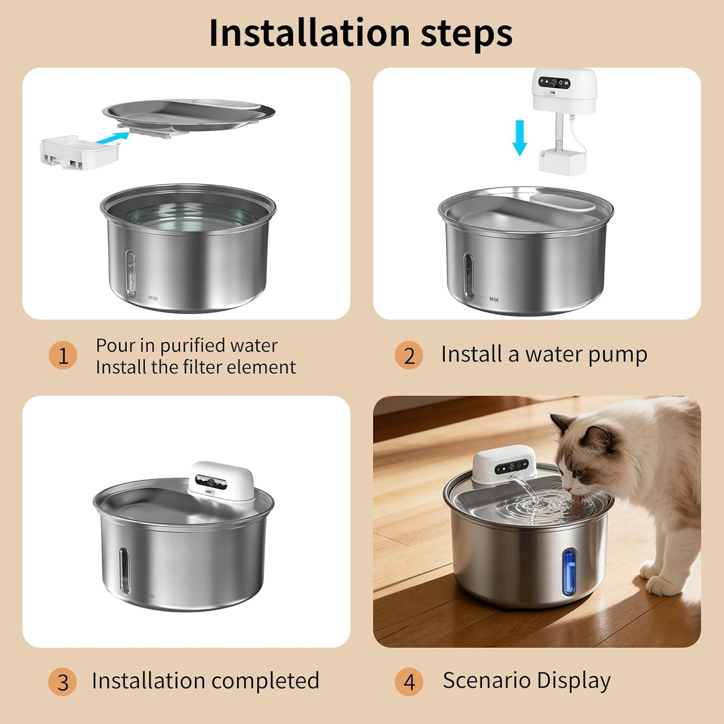 YFL Wireless Cat Water Fountain, 108oz/3.2L Battery Operated Pet Water Fountain, Stainless Steel Dog Water Dispenser with Motion Sensor, Quiet Cordless Cat Fountain for Inside