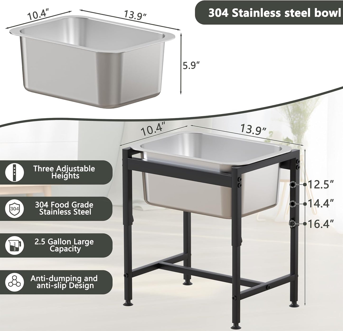 2.5 Gallon Elevated Dog Water Bowl for Large Breeds, 16.4" Height Adjustable Dog Water Bowl Dispenser with Solid Metal Base Eases Joint Strain, Anti-Tip Design and Simple to Clean, Indoor and Outdoor