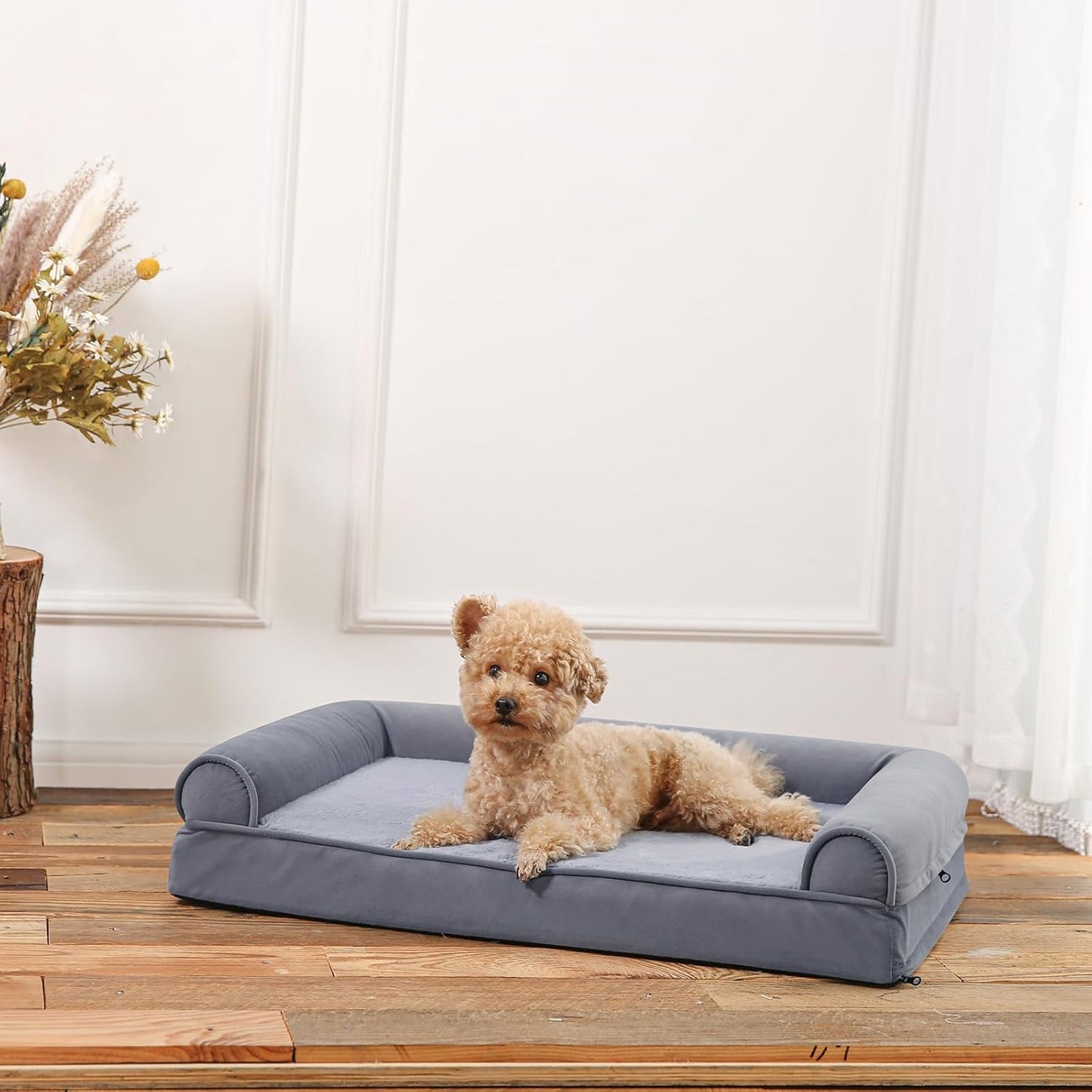 Amazon Basics Living Room Couch Dog Bed with Premium Foam, Non-Slip Bottom, Removable Washable Cover, Supportive Pressure-Relief for Dogs up to 30lbs, Medium (30" x 20"), Grey