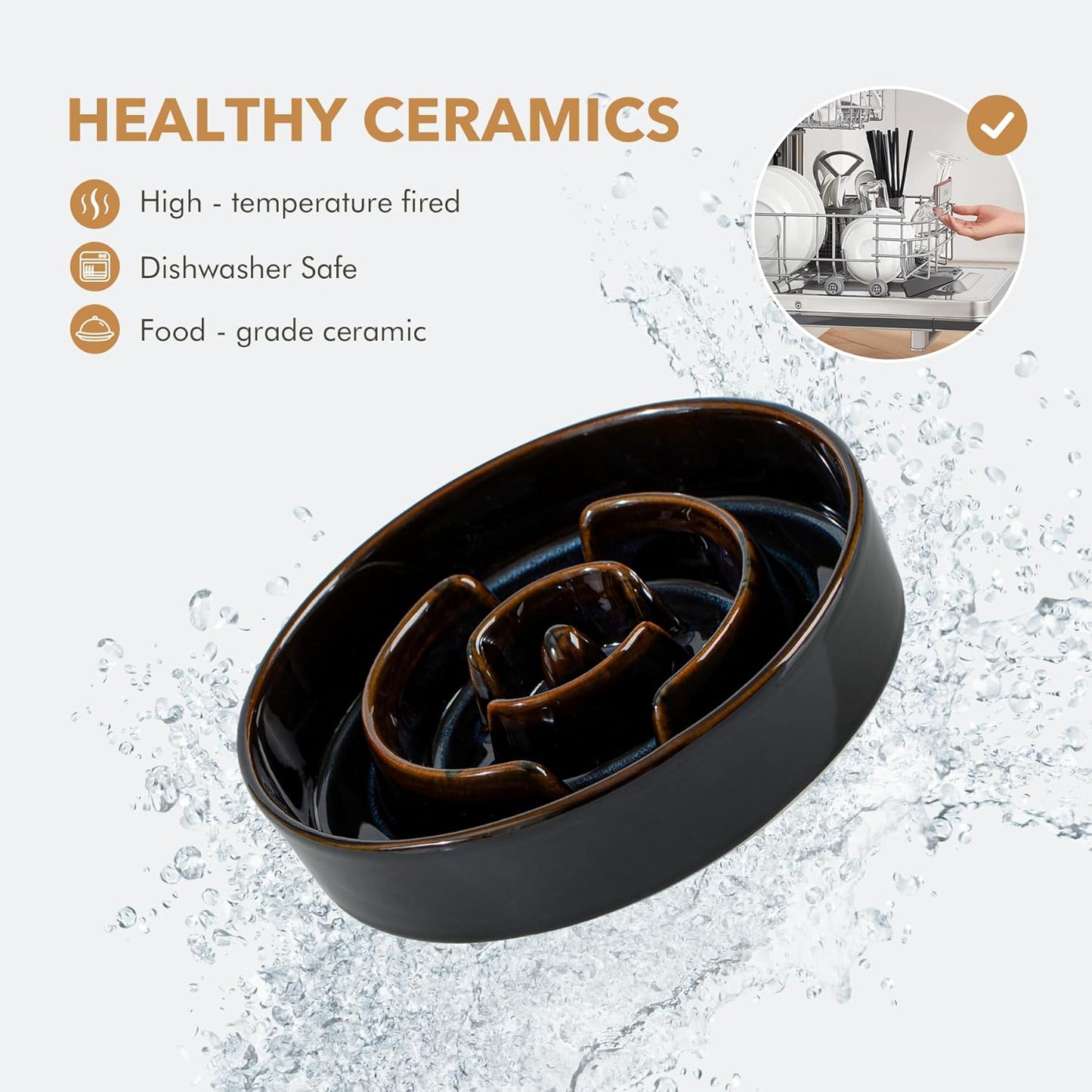 Ceramic 3.2 Cup Raised Slow Feeder Dog Bowl Set, Elevated 8.2inch Bowl and 9.5inch Dish with Acacia Wood Stand for Large Dog, Stop Bloat(2 x Starry Sky+ Stand)