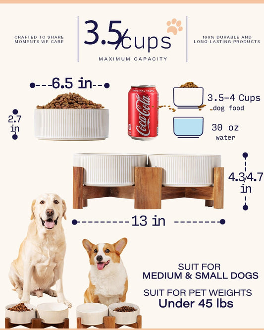 Getstar Ceramic Dog Bowls Set with Acacia Wood Stand, 3.5 Cups Pet Bowls Set of 2 for Medium Dogs, Cute Dog Food Bowl, Cat Bowls