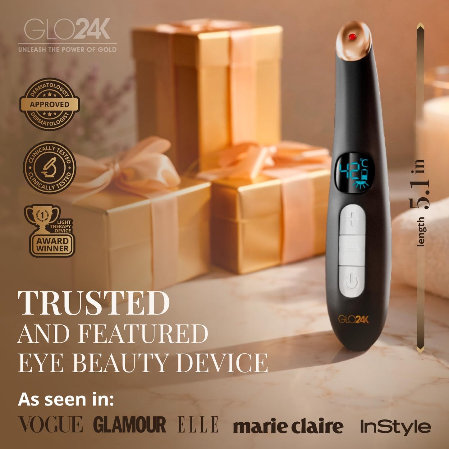 GLO24K Heated Eye Wand & Eye Massager Tool – Gentle Warmth & Vibration for Smoother-Looking Skin, Refreshing Under-Eyes Massage, Portable Beauty Device