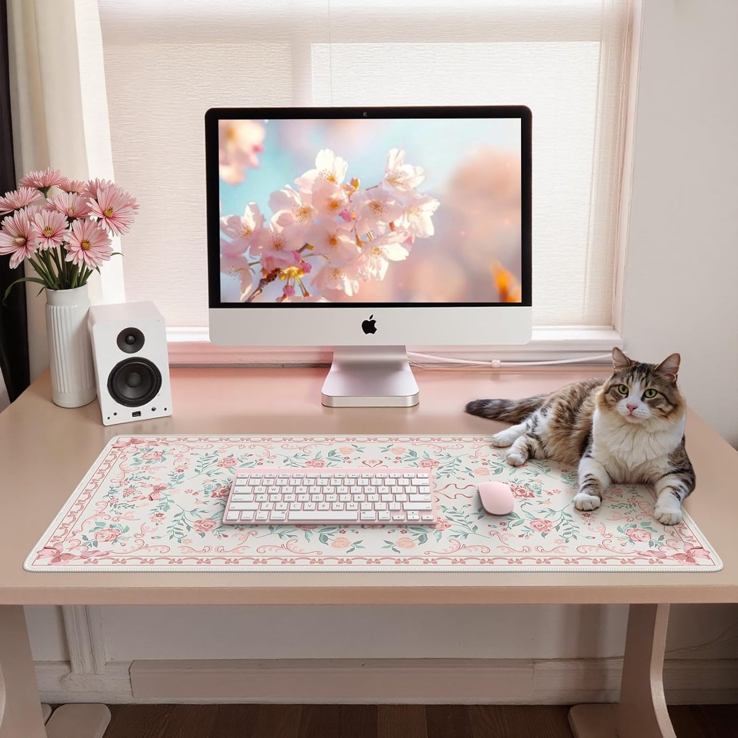 iCasso Pink Desk Mat for Desktop,Cute Desk Pad for Women,Girly Bow Mouse Pad with Stitched Edges,Non-Slip Large Computer Mat for Home Office Study Gaming