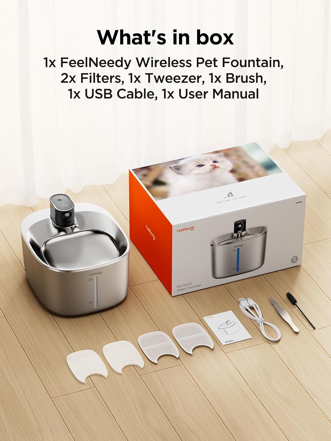 FEELNEEDY Wireless Cat Water Fountain Stainless Steel with Sensor, 4000mAh Battery Operated, 4L/135fl oz Pet Water Fountain for Cats Dogs, Ultra Quiet Cat Drinking Fountain with 2 Filters (YPD-C004S)