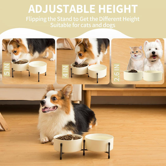 AOMRYOM 32 OZ Ceramic Dog Cat Bowl with Elevated Metal Stand, 6 Inch Ceramic Pet Dish for Food and Water, Pet Feeder Bowls for Cats & Dogs - Set of 2, Beige