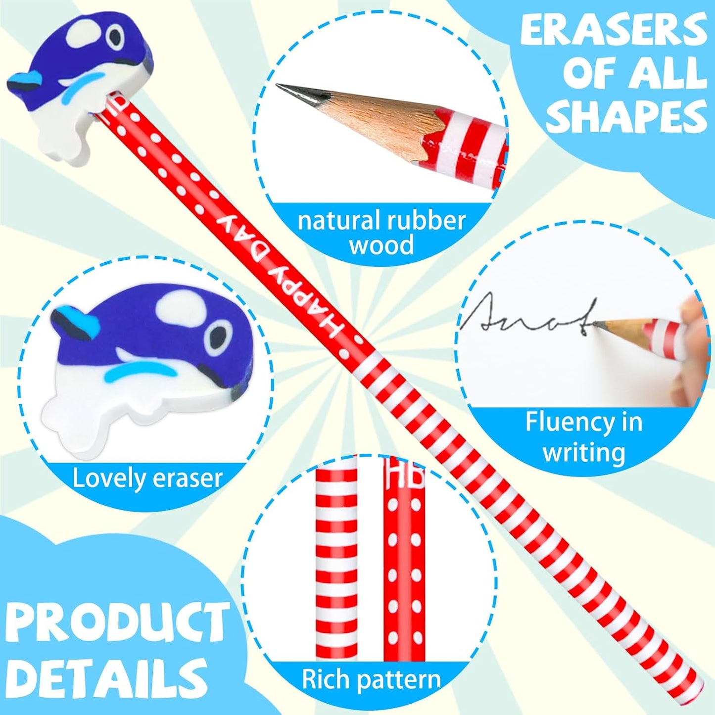 50 Pack Cartoon Animal Pencil With Erasers Toppers,Number 2 Fun Pencils For Kids,Bulk Party Favor Supplies for Classroom Novelty Design Birthday Gift (Multicolor)