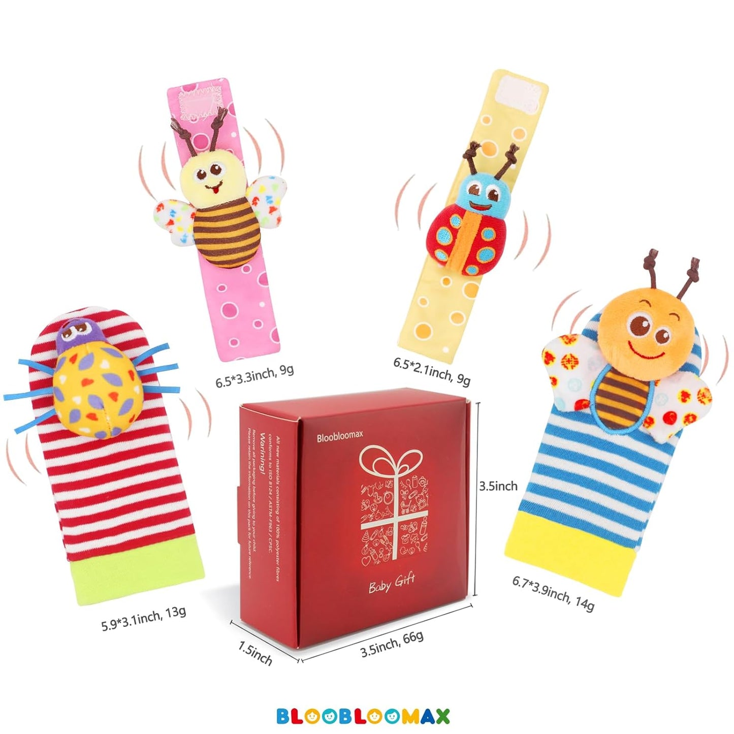 Bloobloomax Wrist Rattle Socks and Foot Finder Set, Infant Girl Boy Toys for Babies 0-36 Months, Newborn Hand & Foot Toys for 0 to 3 Years, Baby Shower Gifts Set Easter Basket Stuffer