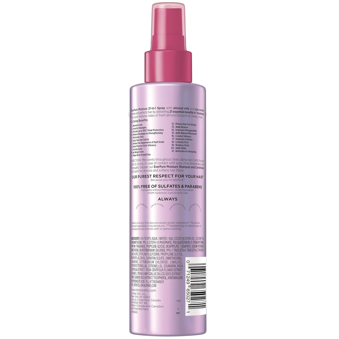L'Oreal Paris 21-in-1 Leave In Conditioner Spray, Sulfate Free, Vegan, EverPure 6.8 fl oz