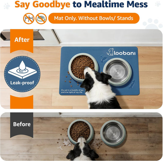 LOOBANI Dog Food Mat for Floors Waterproof 23.6"x15.7"- Absorbent Dog Bowl Mat for Food and Water Bowl, Leakproof Rubber Backing, Dog Feeding Mat for Dog, Cat, Pet (23.6"x15.7", Dark Blue)