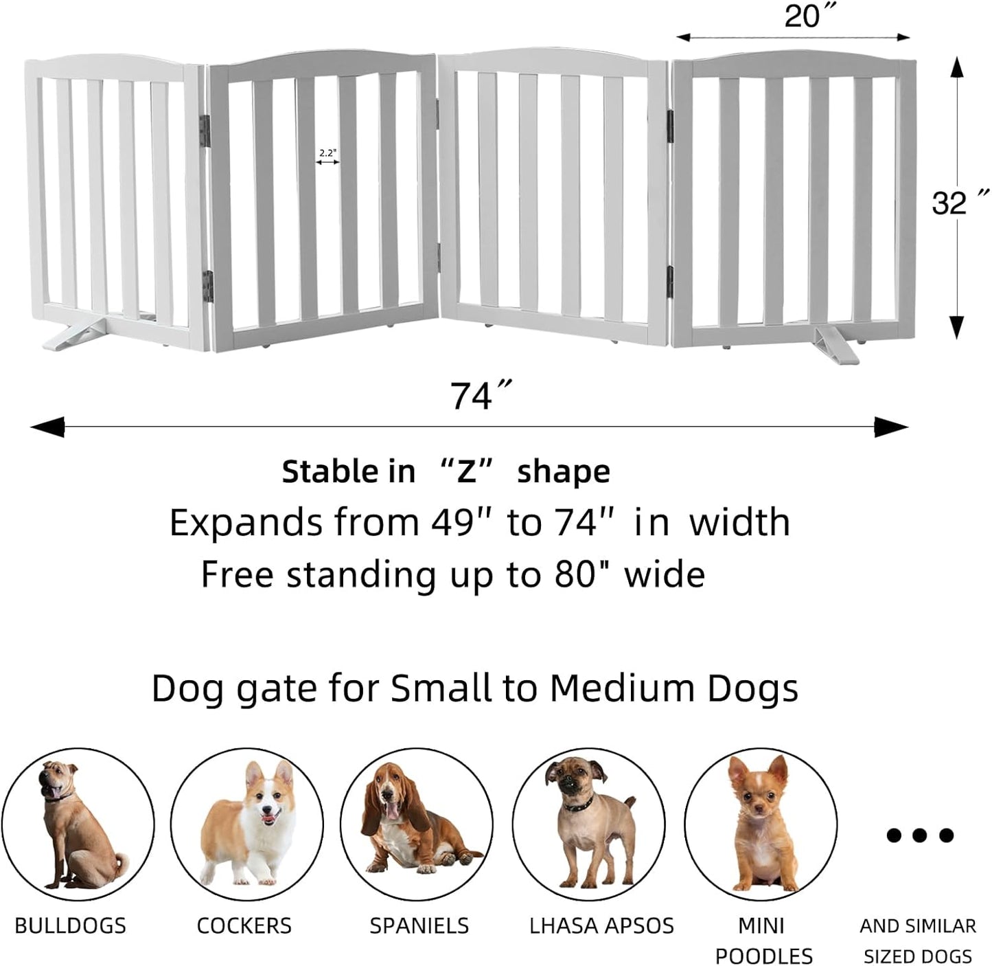 Freestanding Dog Gate Indoor,Doggie Gate Foldable Dog Gates for Doorways,Stairs or Hallways, Wooden White Pet Gate for the House, Pet Fence with Support Feet Included,32 "Height-4 Panels