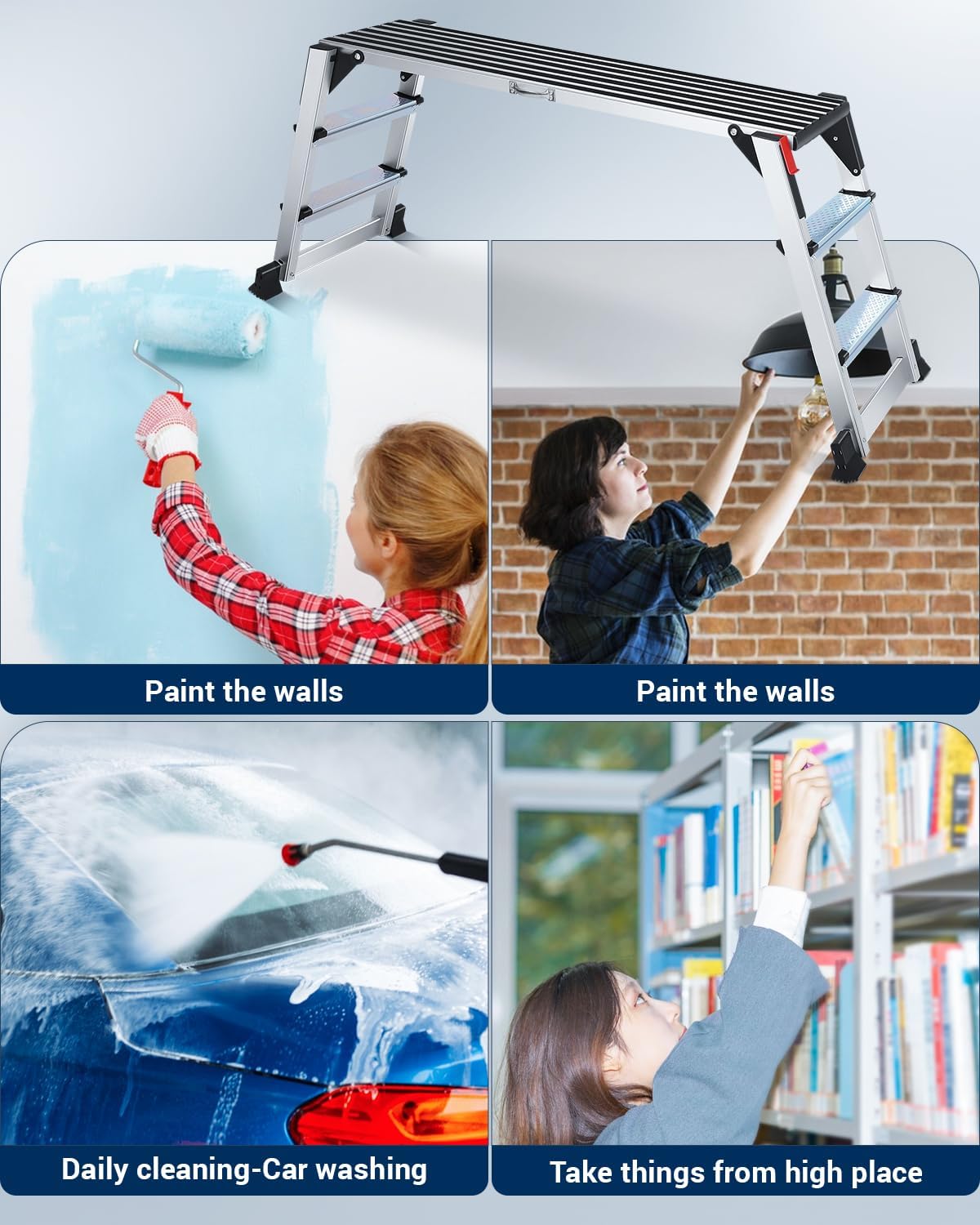 Aluminum Work Platform, Folding Work Platform, 45"×12"×27" 𝐓𝐰𝐨 𝐒𝐭𝐞𝐩 Ladder, Heavy Duty Work Platform Step Ladder Capacity 660 lbs Above for Washing Vehicles, Cleaning, Decorating