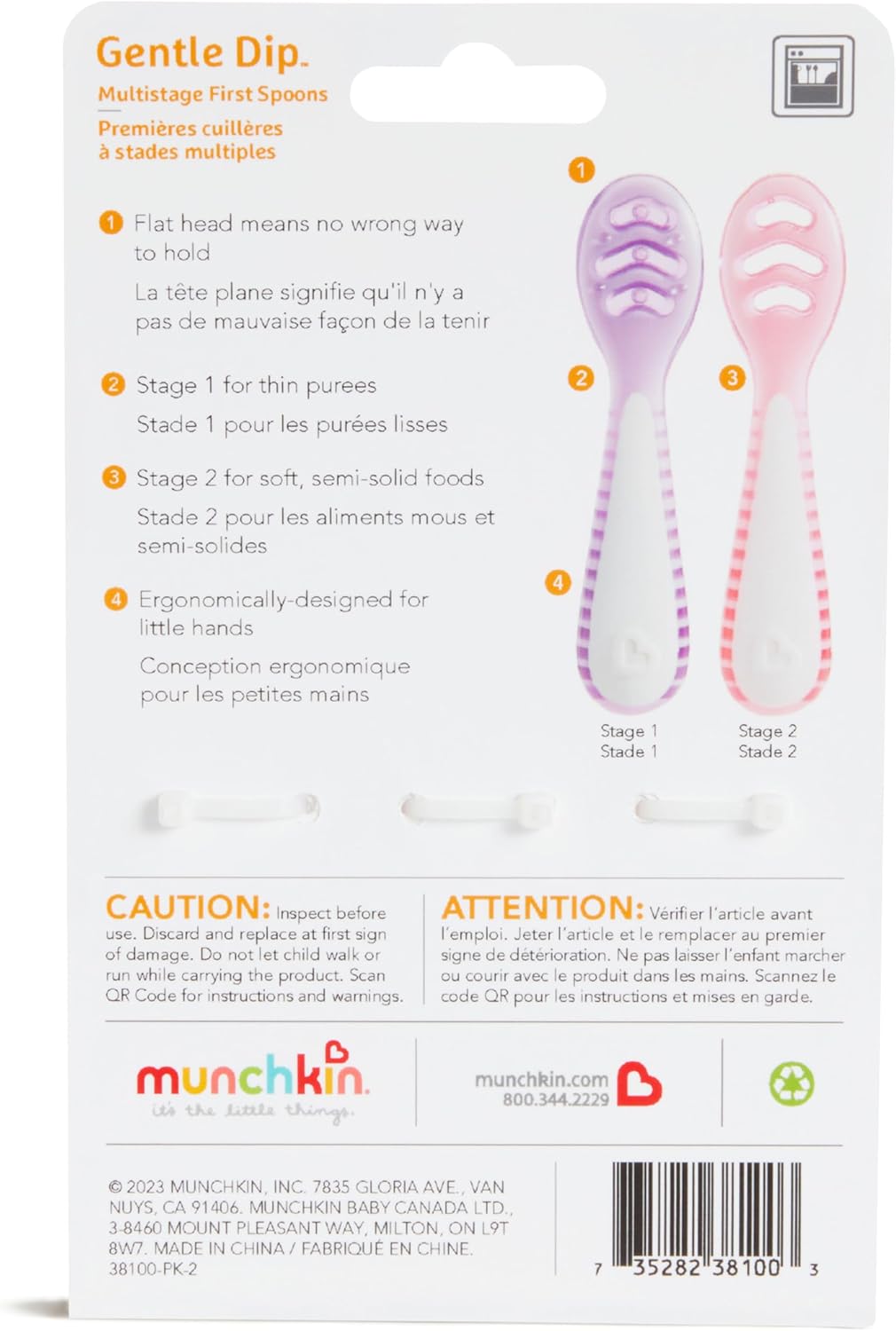 Munchkin® Gentle Dip™ Baby Spoons for Self Feeding and Baby Led Weaning, 3 Pack, Pink/Purple