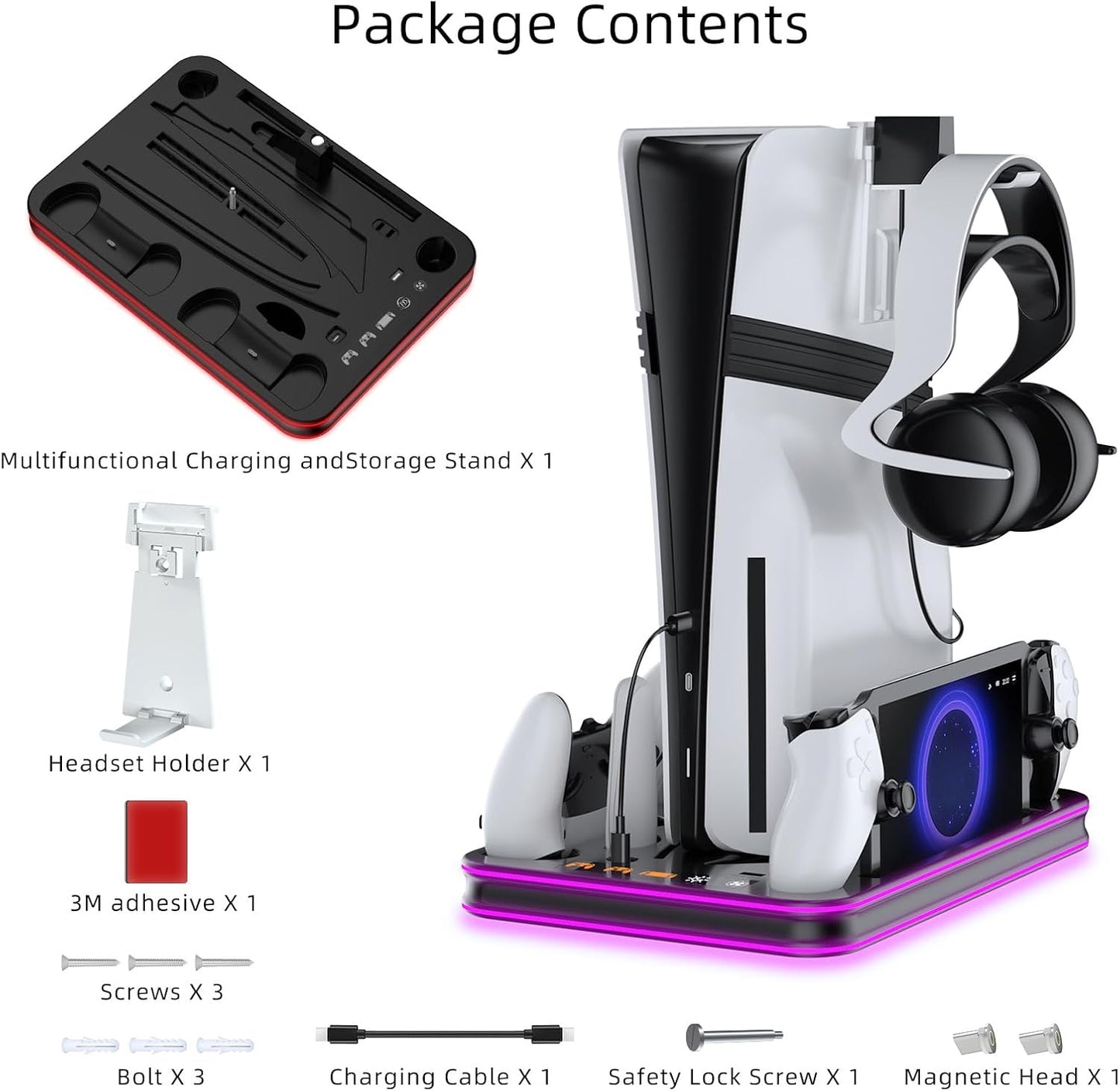 PlayStation Portal Charger, PS5 Stand and Cooling Station with RGB LED Controller Charging Dock Accessories, PS5 Edge Controller and PS Portal Charger, Headset and Remote Holders