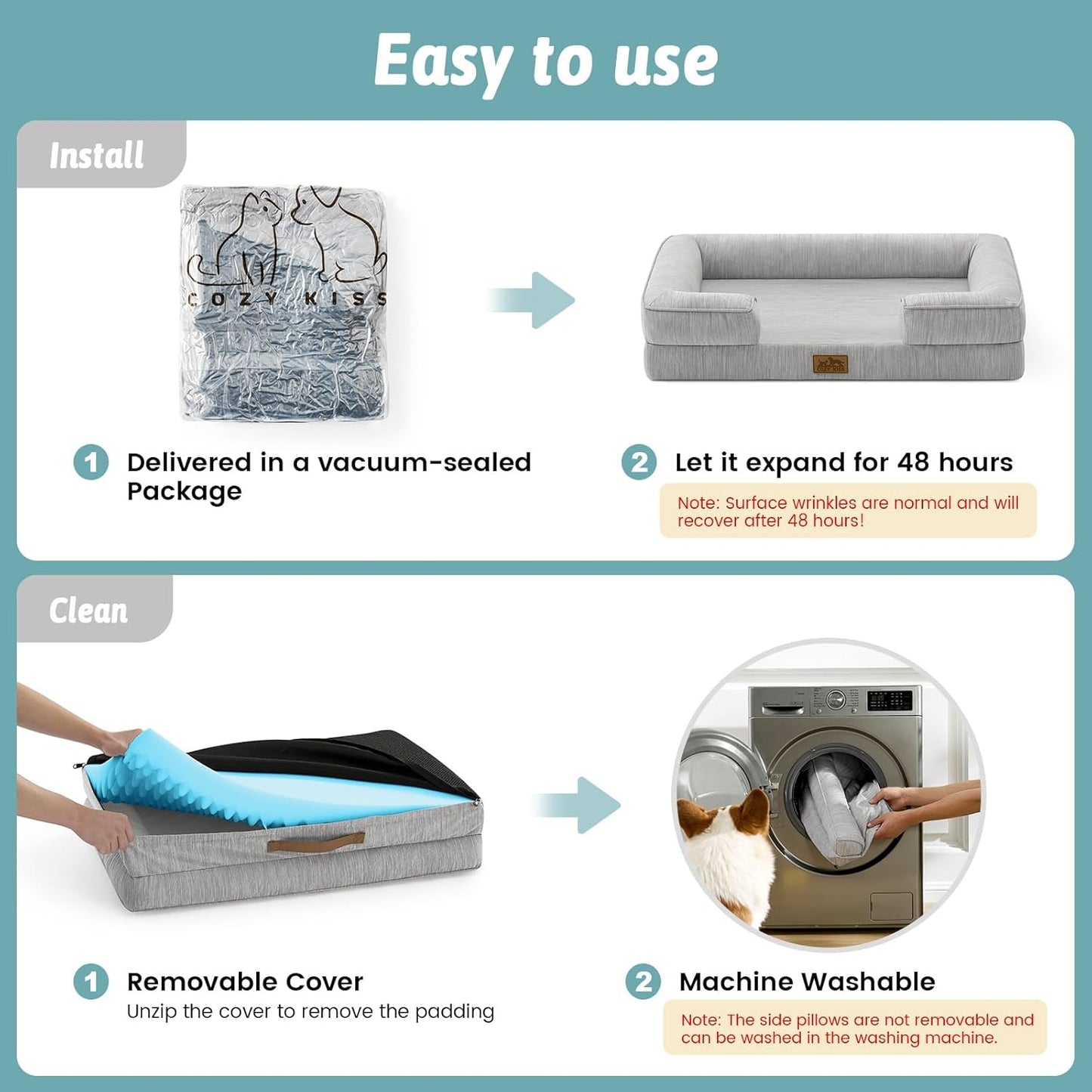 Cooling Dog Bed for Extra Large Dogs, Q-Max >0.4 Summer Cool Orthopedic Foam Pet Sofa Bed with Sides, Bolster Anti-Slip Couch with Washable Removable Cover, XXL 48x35x7.5 inch, Grey