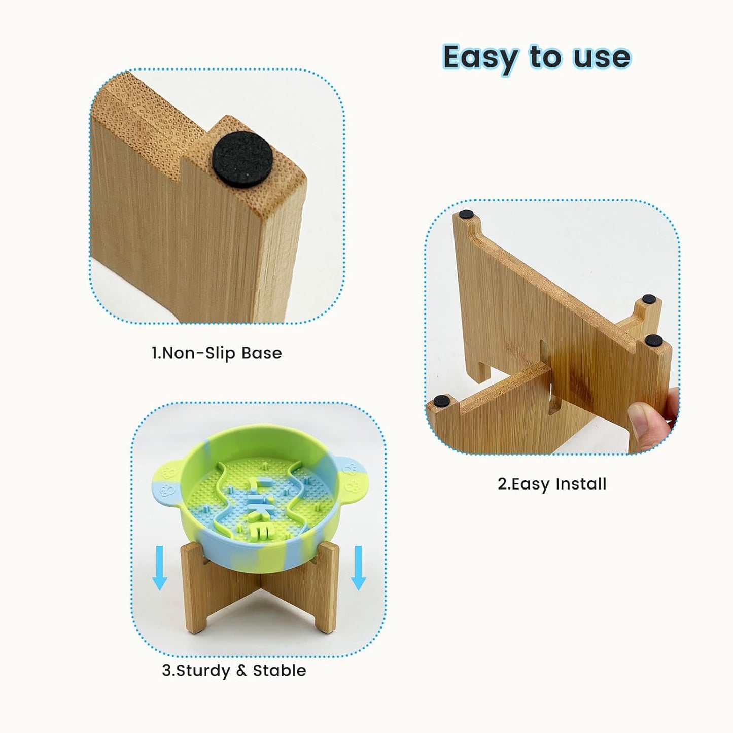 Daily Treasures Slow Feeder Cat Bowl with 15° Raised Bamboo Stand, Silicone Food Dish for Wet & Dry Food,Anti Vomit Interactive Pet Dish,Non-Slip Puzzle Food Bowls for Cats & Small Dogs(Blue & Green)
