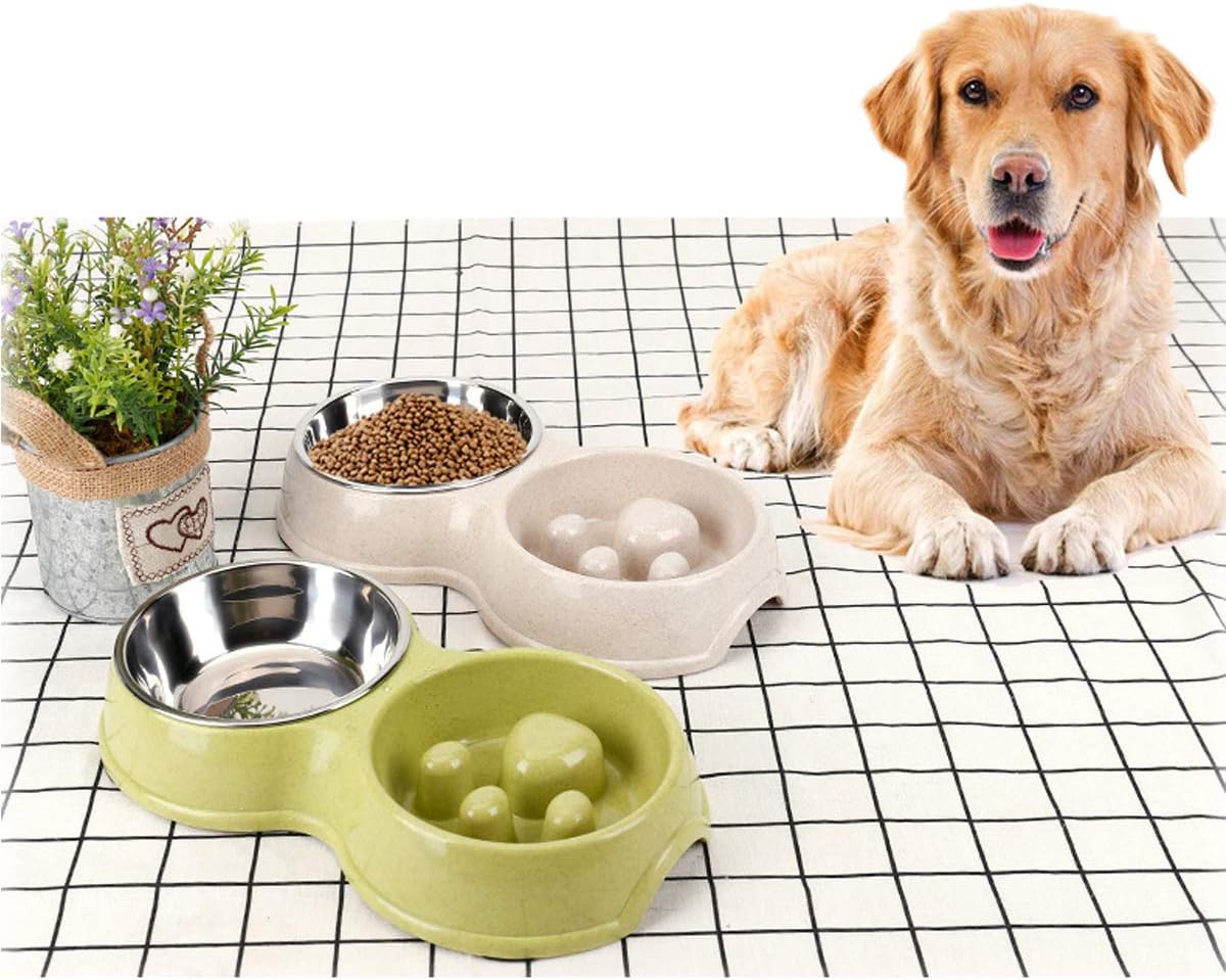 Tineer Double Pet Dog Slow Feeder Bowl,Stainless Steel Anti-Choke Puppy Food and Water Feeder for Dog Cats (White)