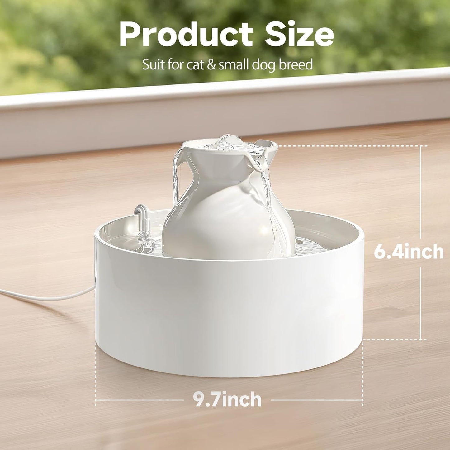 Ceramic Cat Water Fountain, 3L/101 fl oz Ultra-Quiet Pet Water Fountain, Automatic Water Dispenser for Cats & Small Dogs, No Spill Cat Water Bowl, BPA-Free, 2 Filters Included, Easy to Clean