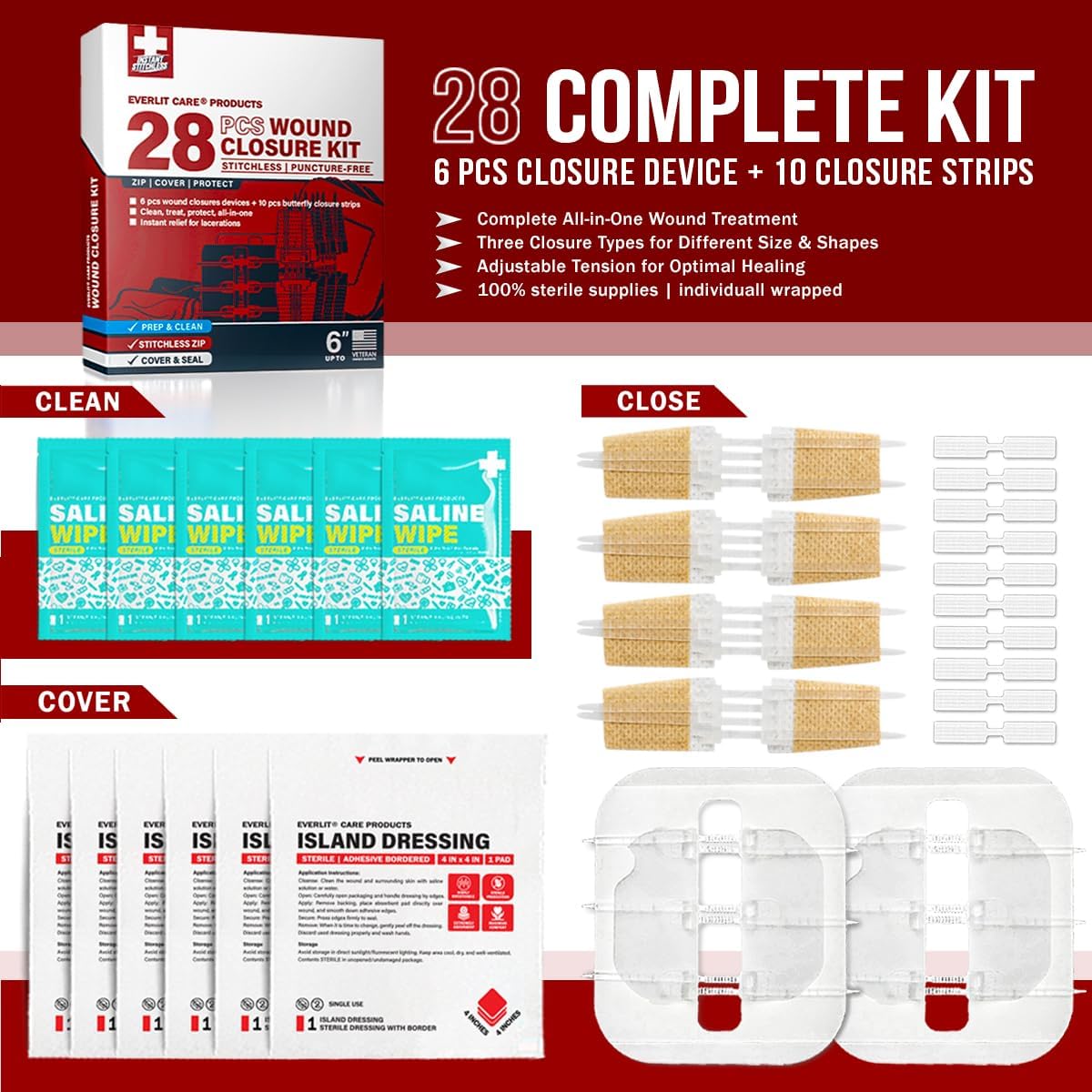 Wound Closure Kit | 28 Pcs All-in-One First Aid with Suture-Free, Stitchless Zip Devices, Butterfly Bandages, for up to 6" Wounds | 100% Sterile Medical Supplies to Clean, Cover & Heal