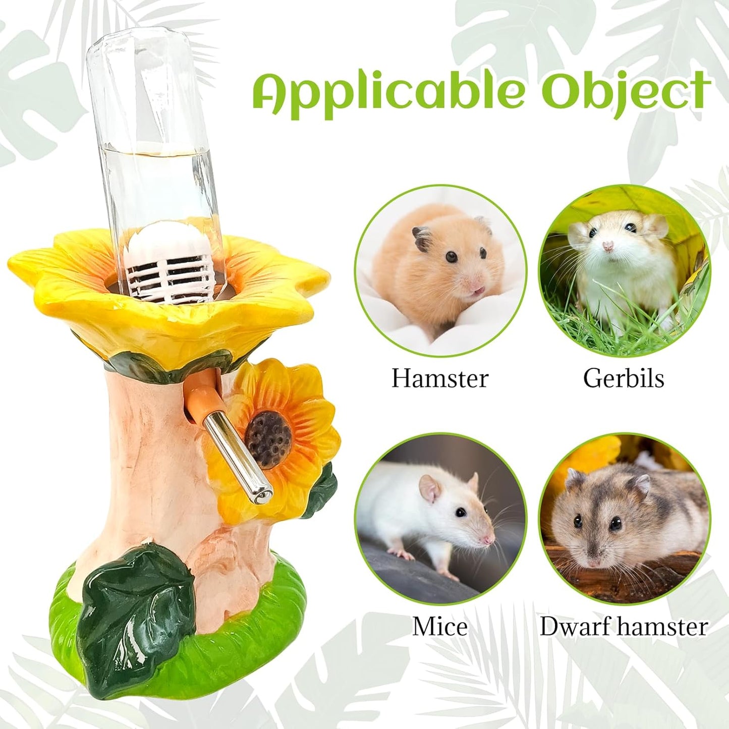 BNOSDM Hamster Water Bottle No Drip Ceramic Hamster Water Bottle for Glass Tank - 80ML Water Dispenser with Yellow Sunflower Stand Holder for Syrian Hamsters Dwarf Hamsters Mice Gerbils