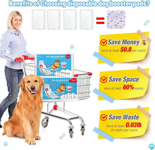 Dog Diaper Liners for Dog Diapers Male and Female 100ct Super Absorption Disposable Booster Pads for Most Reusable Pet Belly Bands, Washable Puppy Diapers Female and Male Wraps