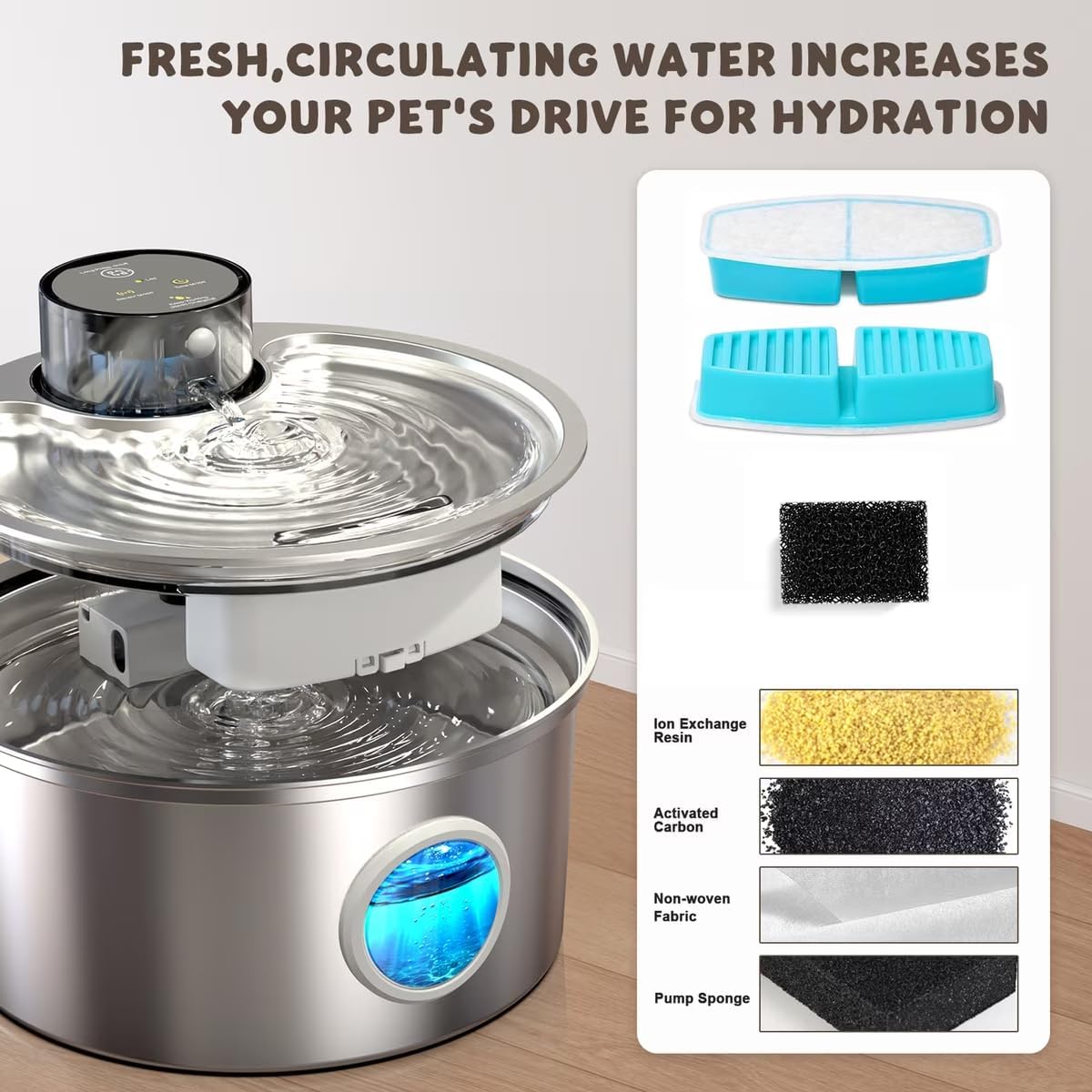 Casfuy PWL-003 Smart Motion Sensor Cordless Stainless Steel Dog & Cat Water Fountain, 108-oz