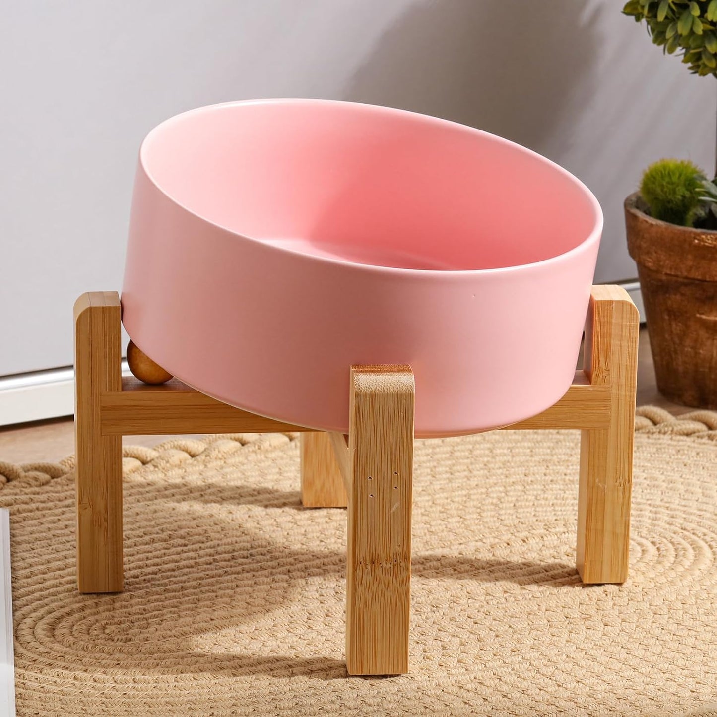 Pink Elevated/Raised 15°Tilted Anti Slip Ceramic Dog Bowl for Medium & Large Breeds,Slanted Bulldog Big Face Pet Feeding Food Water Dish Stand for Dogs (7.6 Cups/60OZ)