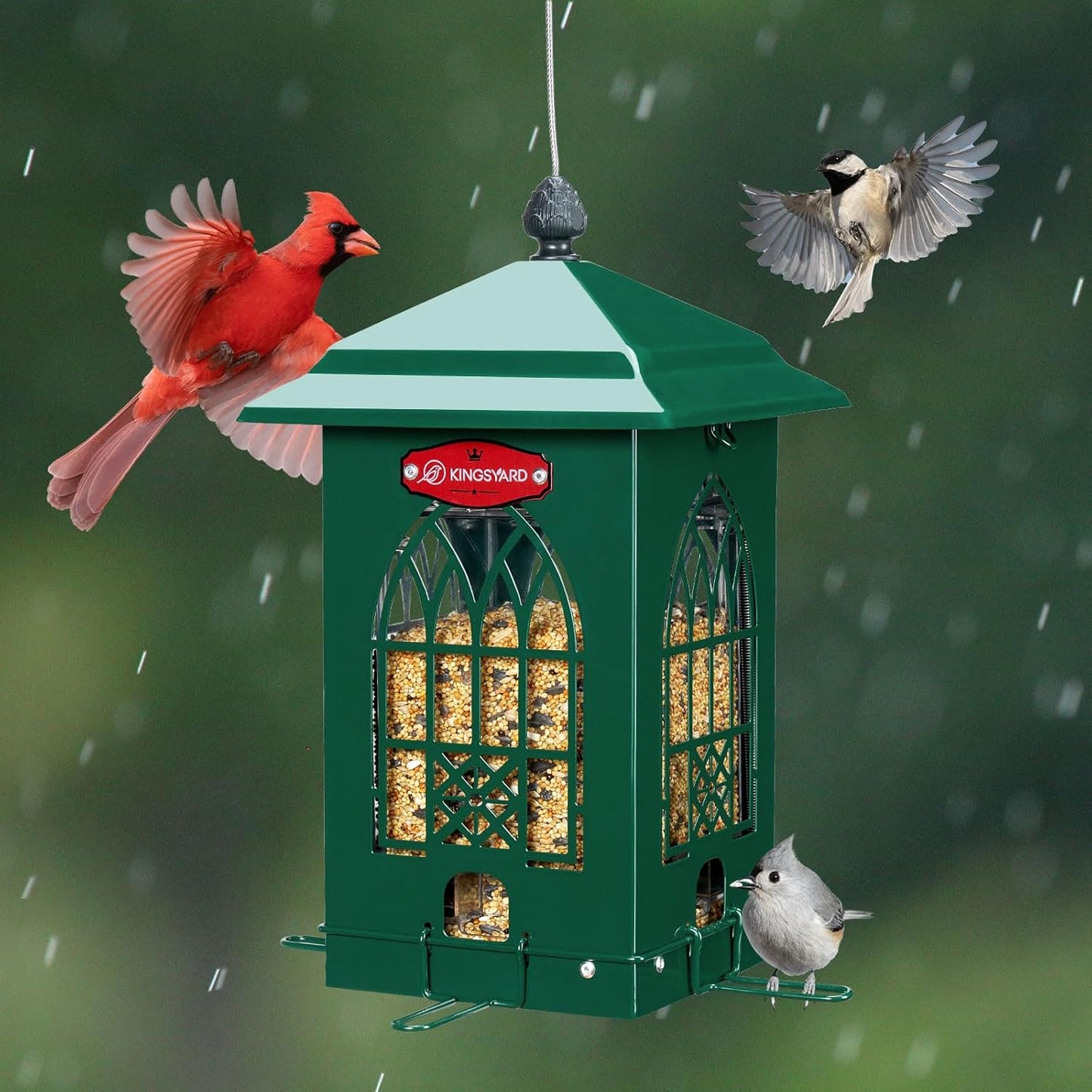 Kingsyard Squirrel Proof Bird Feeders for Outdoors with Weight-Activated Perches, 5 Lbs Capacity Large Metal Bird Feeder House for Small Wildbirds Cardinal Finch Bluebird, Weatherproof, Green