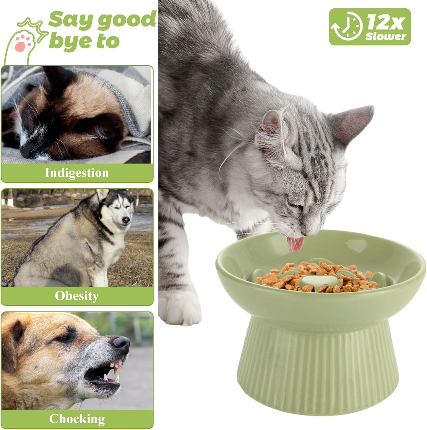 2 Pack Raised Cat Slow Feeder, Elevated Slow Feed Dish for Cats and Small Dogs, Ceramic Slow Feeder Cat Bowl, No Spill High Edge for Dry/Wet Food(Blue, Green)