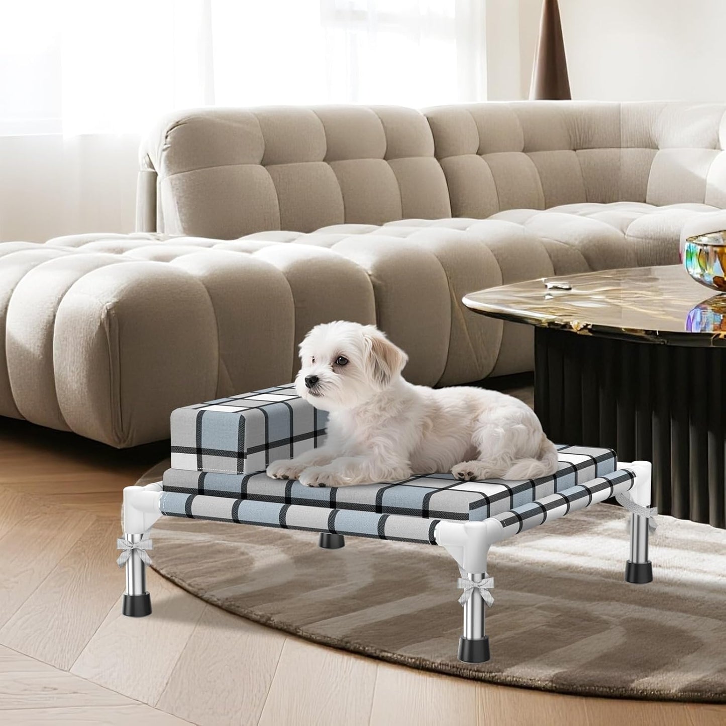 Elevated Raised Dog Bed Mat - Elevated Dogs Bed with Cushion & Bolster Raised Pet Mat Couch Bed with Pillow & Mat for Indoor Outdoor (S)
