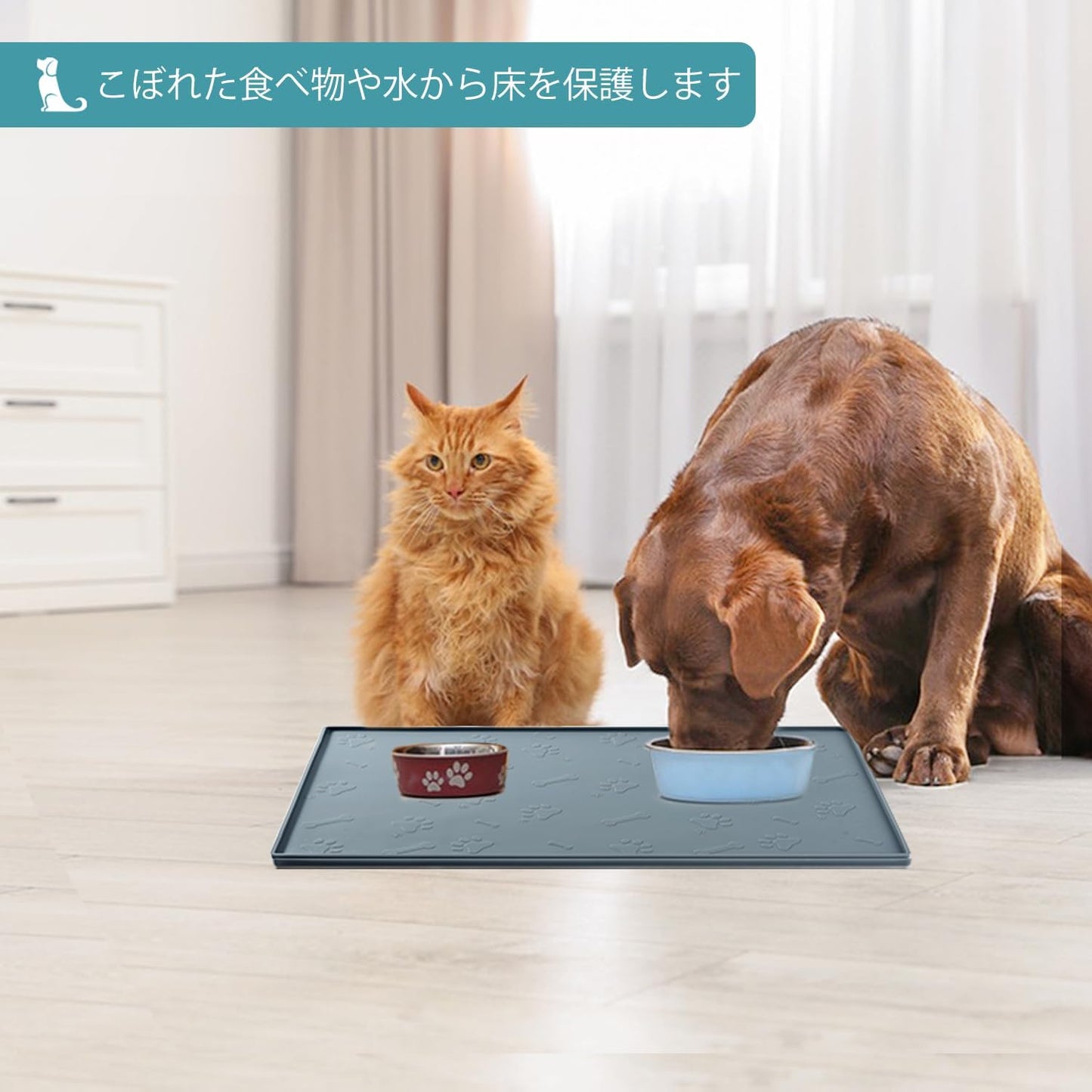 Dog Bowl mat Waterproof Cat Feeding Mat, Silicone Pet Food Mat, Waterproof Raised-Edges Pet Bowl Placement Tray for Puppy Kitty Dog Cat to Food Spills and Water Messes Out to Floor (48X30CM, Grey)