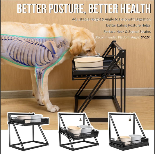 OneTigris Elevated Dog Bowl, Raised Dog Bowls for Medium Large Dogs, Adjustable Height, with Non-Slip Mat No-Spill Baffle, Height Adjustable from 2" to 11" Black (Bowls Not Included)
