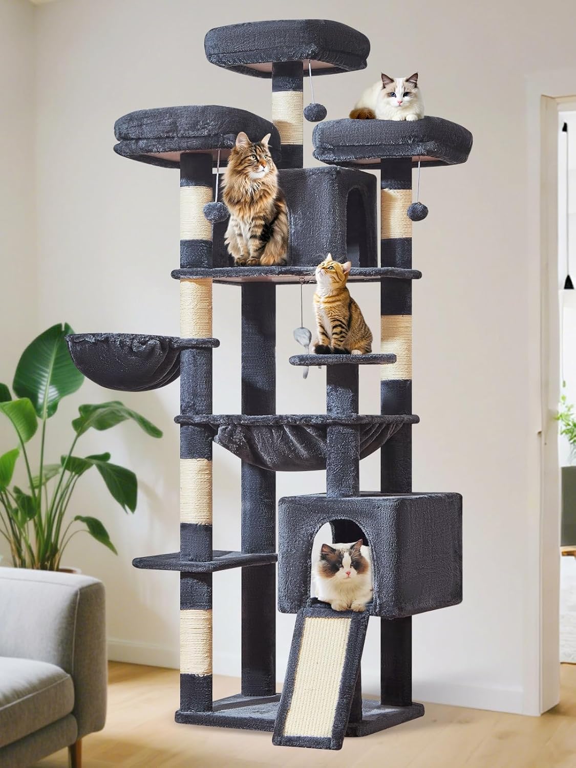 Taoqimiao 76-Inch Cat Tree XXL for Large Cats, Giant Cat Tower with Scratching Board, Extra-Large Metal Hammock, 3 Perches, 7 Sisal Posts, 2 Big Condos, Hanging Basket, Smoky Gray, MS047G