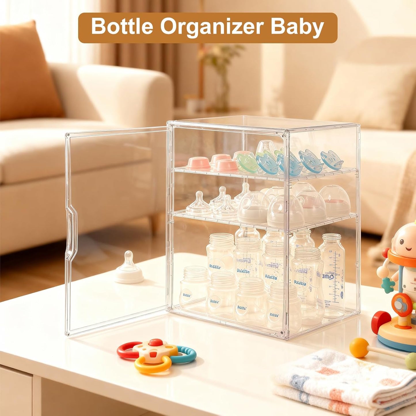 Baby Bottle Organizer – 3-Tier Bottle Storage Organizer Baby for Bottles, Nipples, Pump Parts, Food Jars – Clear Nursery Cabinet for Countertop and Kitchen