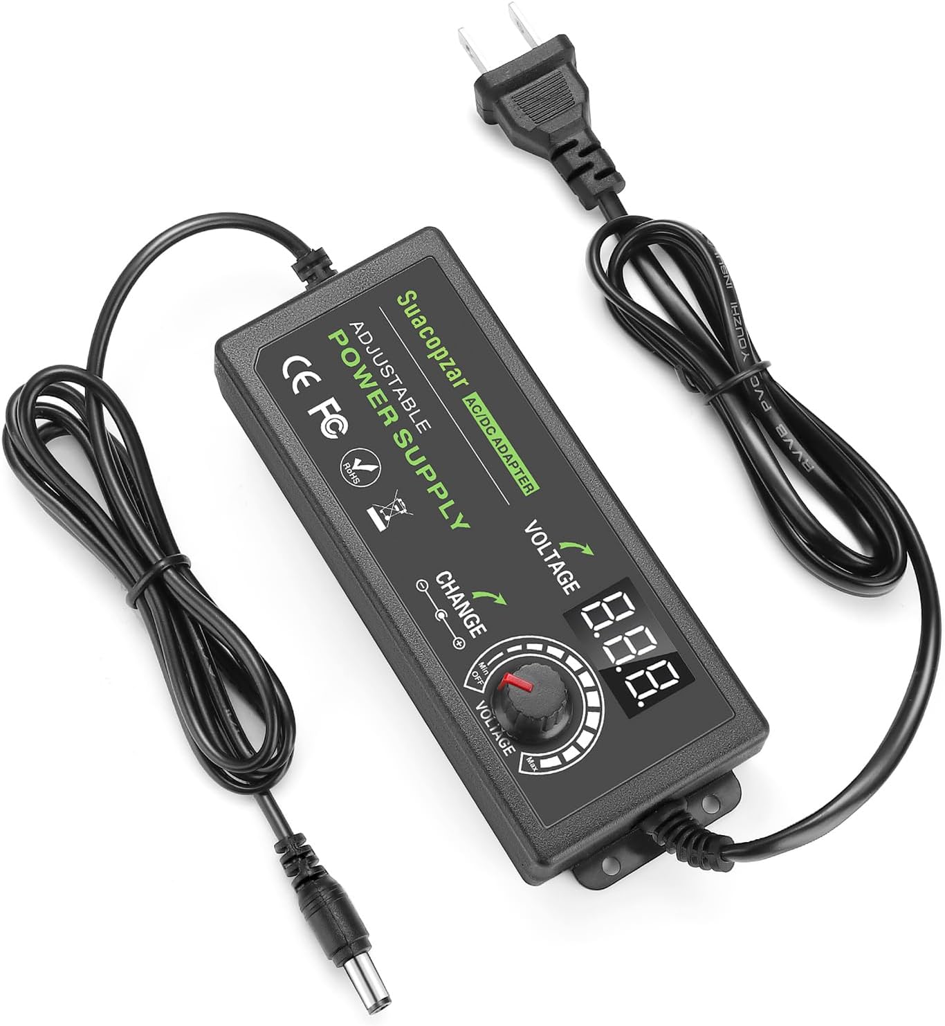 60W Power Supply Adjustable DC 3V ~ 12V 5A, Variable Universal Switching AC/DC Adapter with LED Display, 100V-240V AC to DC Converter with 5.5x2.1mm & 5.5x2.5mm, Variable Adapter for LED Strip Light
