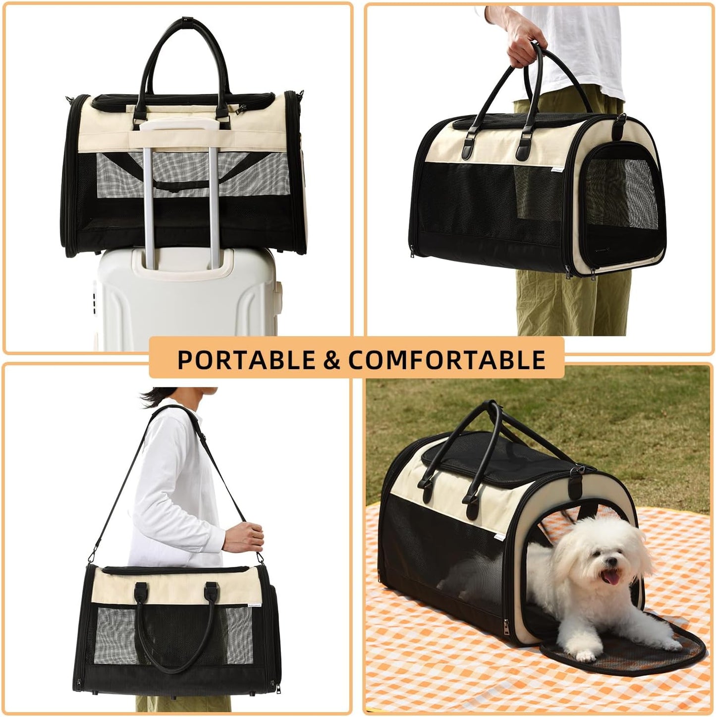 PET MARVEL Cat Carrier Soft Sided Large for Pet Dogs up to 25 Lbs, Airline Approved Mesh Pet Travel Bag, Breathable Bite-Resistant Fabric with Removable Washable Mat
