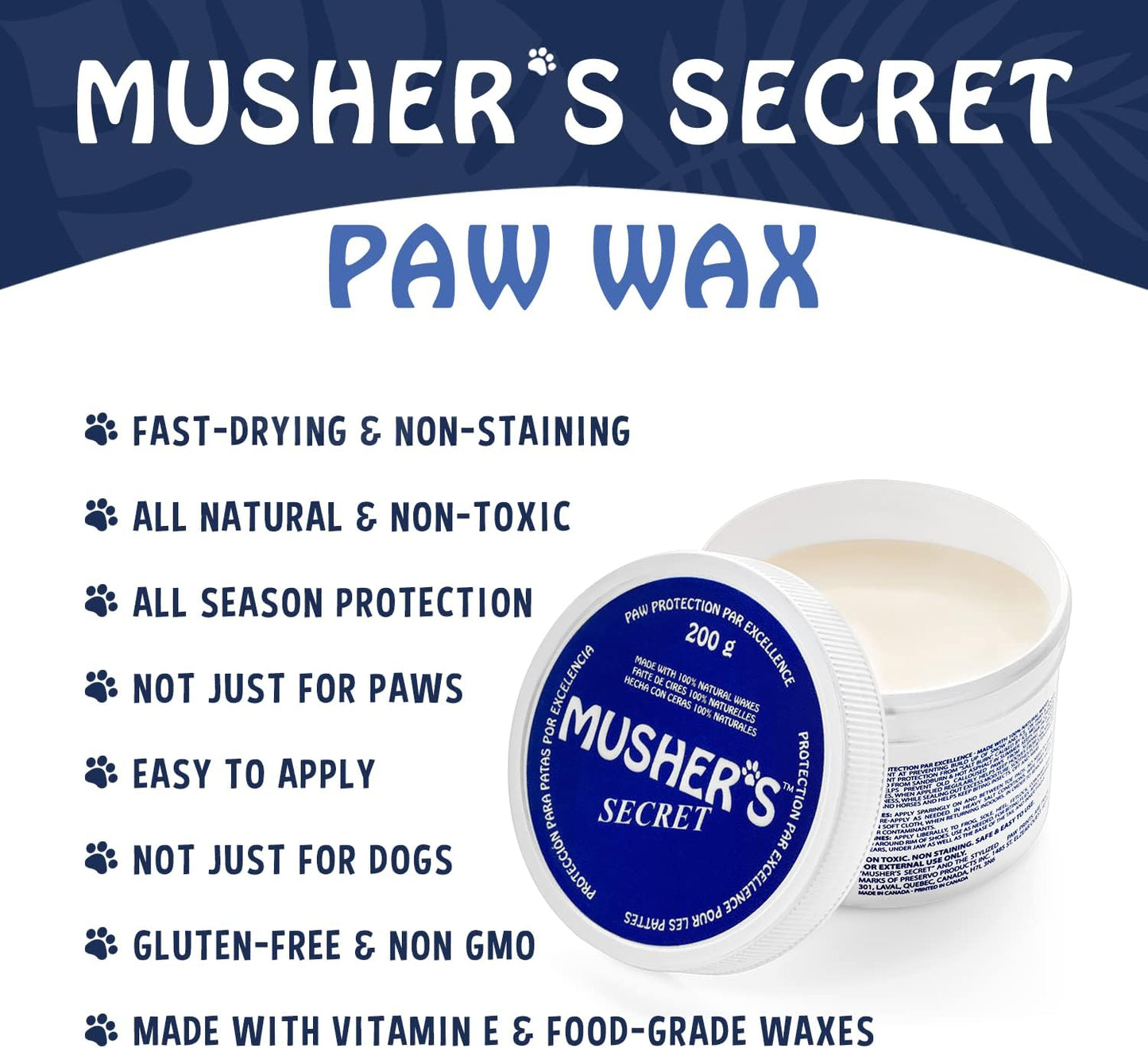 Musher’s Secret Dog Paw Wax 200g – Natural Paw Balm for Dogs with Vitamin E – Helps Protect Paws from Hot Pavement, Ice & Salt – Moisturizes Cracked Pads – Lick-Safe, Non-Toxic Dog Paw Protector