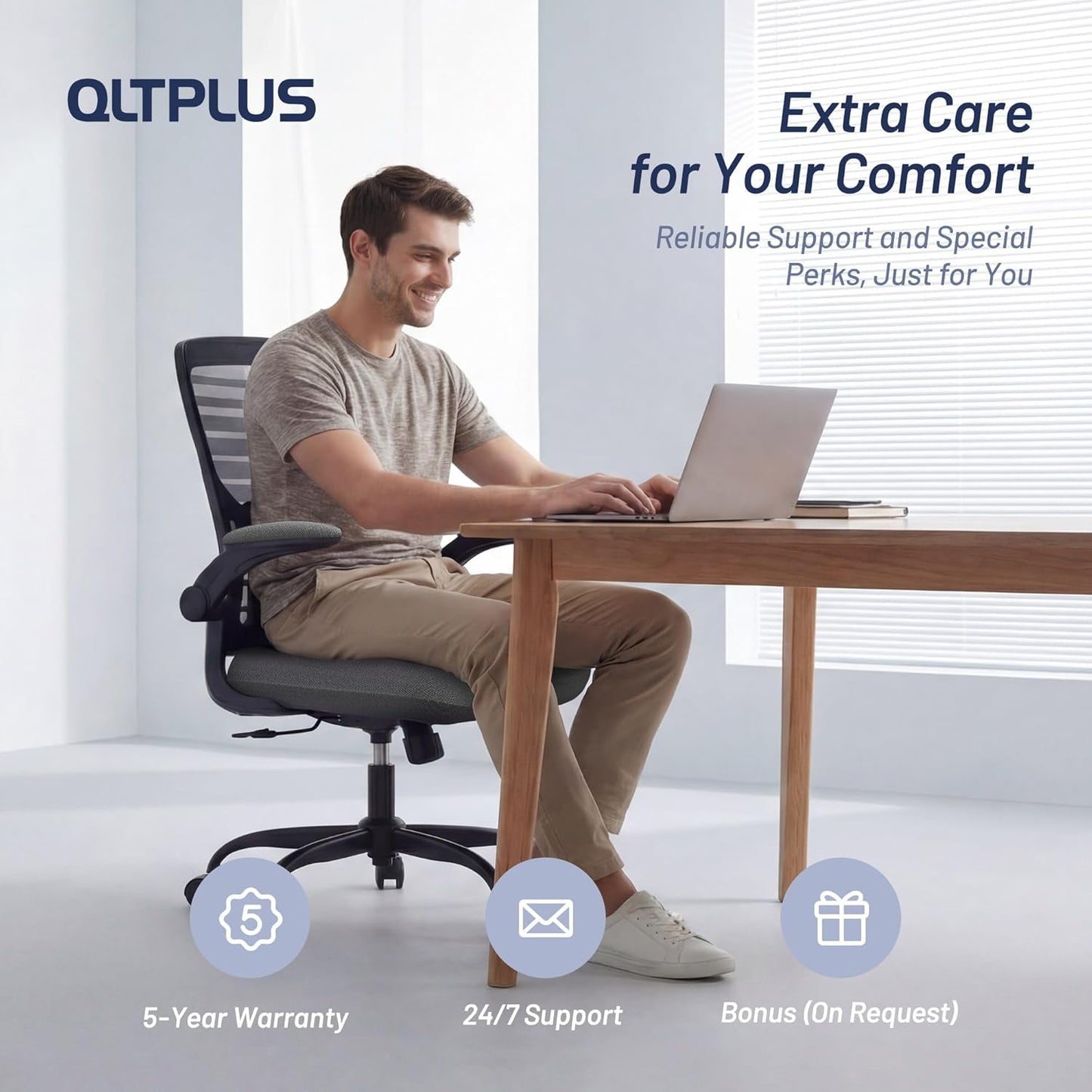 Office Desk Chair for Long Hours & Back Pain Relief – 4“ Thick Molded Foam Cushion, Enhanced Lumbar Support, Padded Flip-up Armrests, Ideal for Office or Study, Dark Gray