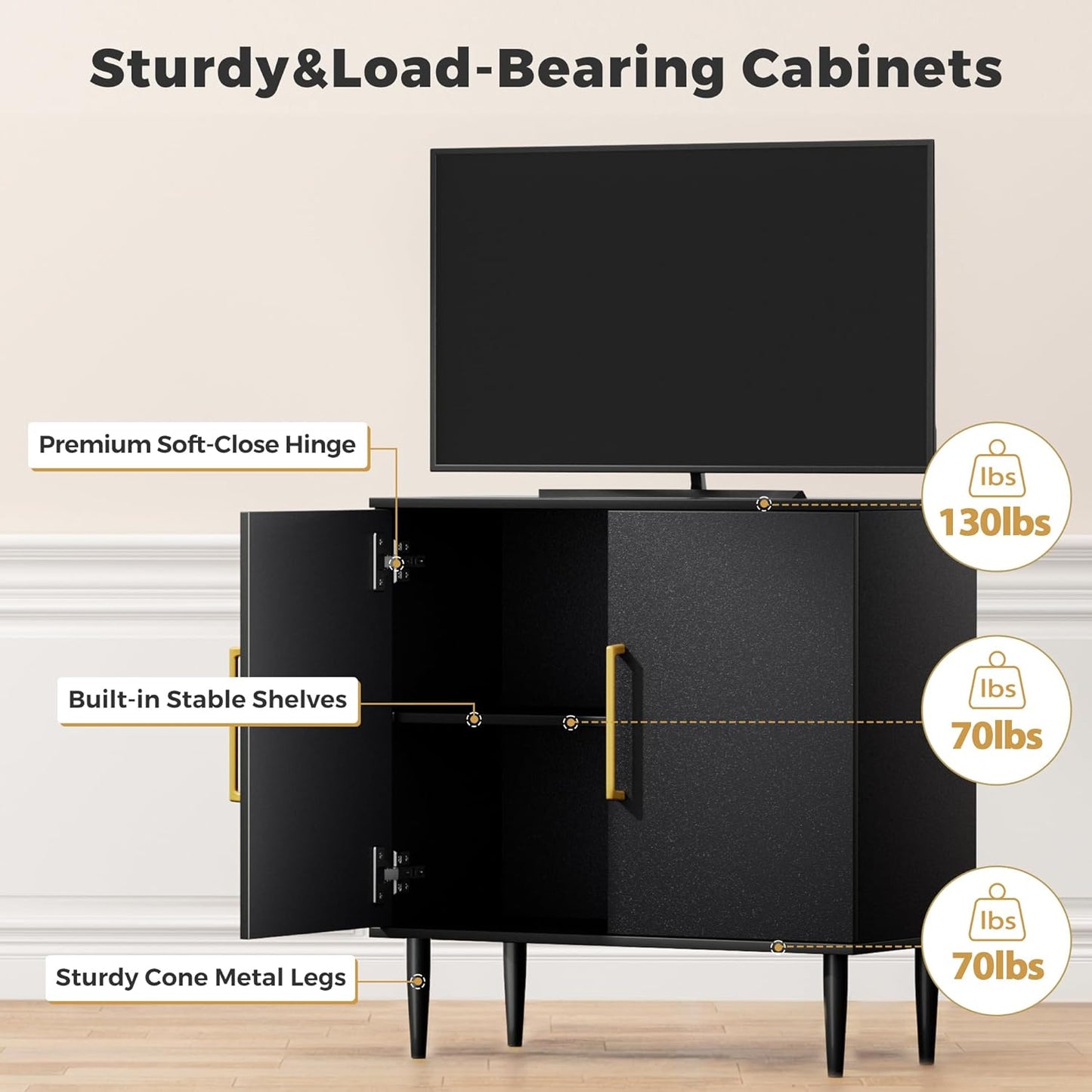 Modern Storage Cabinet, Free Standing Buffet Cabinet, Black Sideboard and Buffet Storage, Wood Accent Furniture for Living Room, Hallway, Entryway, Dining Room, Bedroom (1, Black) | Modern, Sideboard, Buffet Storage, with Doors, Accent Cabinet, 1