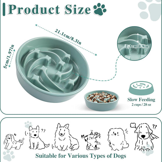 Ceramic Slow Feeder Dog Bowls, 2 Cups Dog Food Dish for Medium and Large Breed, Puzzle Dog Food Bowl for Fast Eater, 28OZ, 8.15 inch(Light Green)