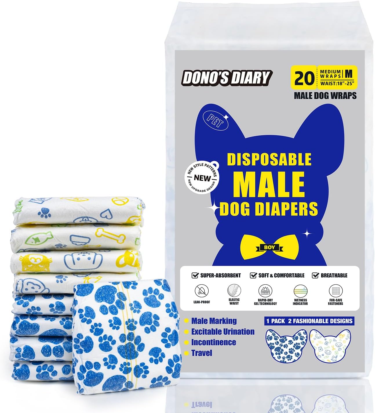Dono Dog Diapers Male Disposable Male Dog Wraps 40ct Doggie Diapers Wetness Indicator Leak-Proof Dog Belly Wraps, Rapid-Dry Gel Technology Puppy Diapers for Excitable Urination Incontinence, Medium